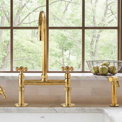 Unlacquered Brass Bridge Kitchen Faucet Set with Side Spray & Drinking Water Tap - Brasska