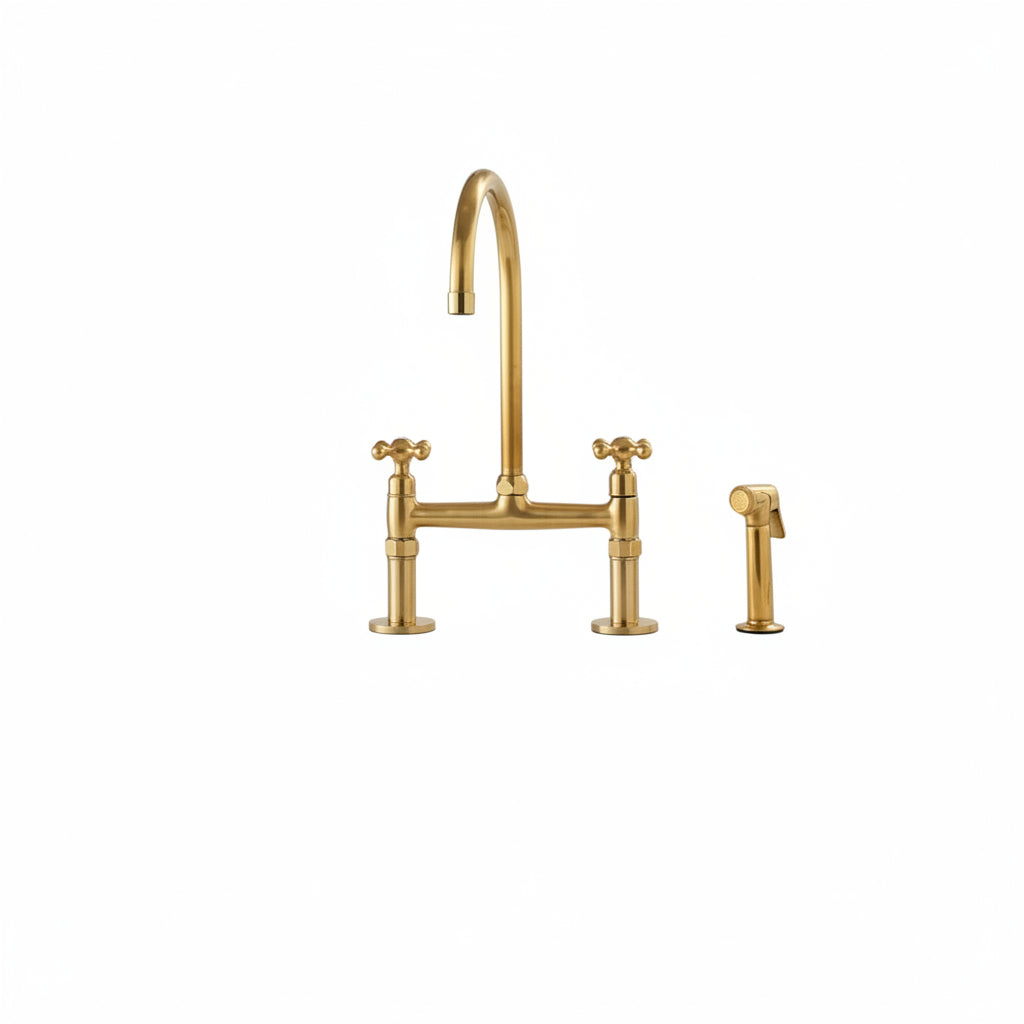 Unlacquered Brass Bridge Kitchen Faucet Set with Side Spray & Drinking Water Tap - Brasska