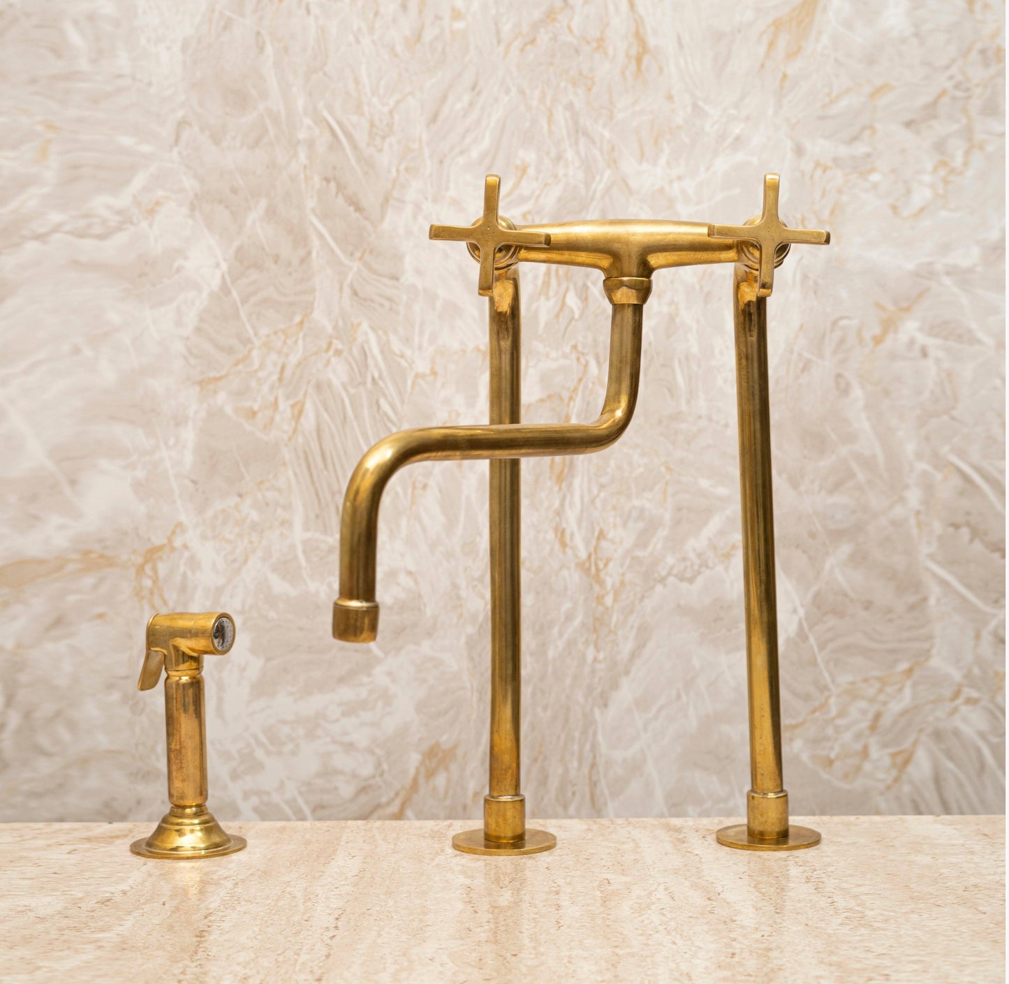 Unlacquered Brass Bridge Kitchen Faucet – Tall Farmhouse Sink Tap with Cross Handles & Sprayer - Brasska