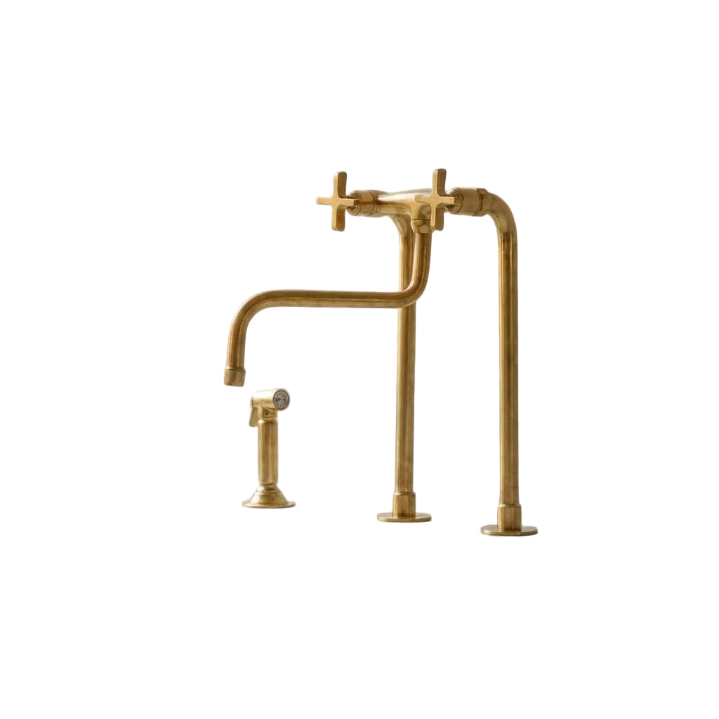 Unlacquered Brass Bridge Kitchen Faucet – Tall Farmhouse Sink Tap with Cross Handles & Sprayer - Brasska