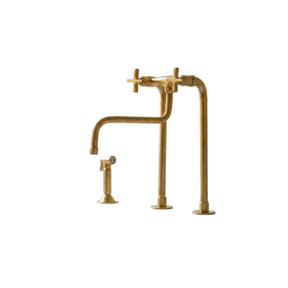 Unlacquered Brass Bridge Kitchen Faucet – Tall Farmhouse Sink Tap with Cross Handles & Sprayer - Brasska