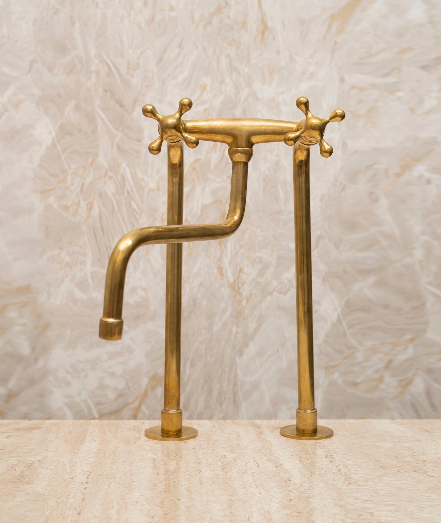 Unlacquered Brass Bridge Kitchen Faucet – Tall Farmhouse Sink Tap with Cross Handles & Sprayer - Brasska