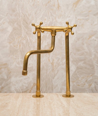 Unlacquered Brass Bridge Kitchen Faucet – Tall Farmhouse Sink Tap with Cross Handles & Sprayer - Brasska