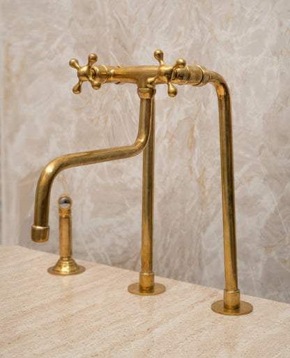 Unlacquered Brass Bridge Kitchen Faucet – Tall Farmhouse Sink Tap with Cross Handles & Sprayer - Brasska