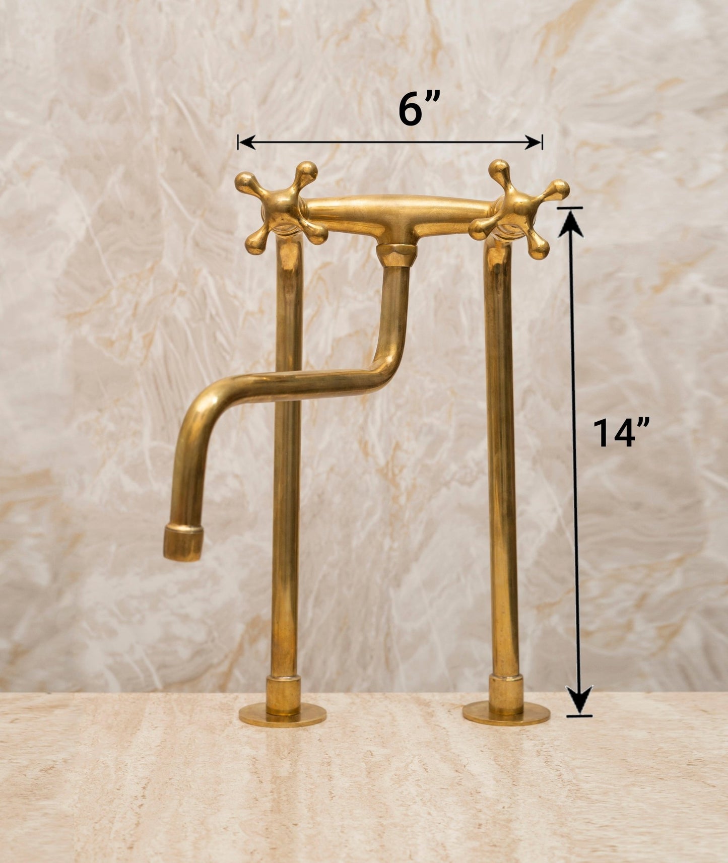 Unlacquered Brass Bridge Kitchen Faucet – Tall Farmhouse Sink Tap with Cross Handles & Sprayer - Brasska
