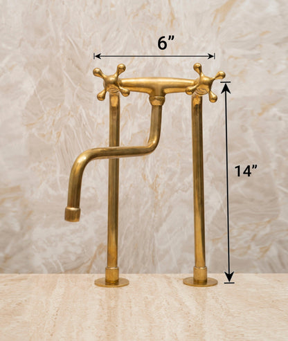 Unlacquered Brass Bridge Kitchen Faucet – Tall Farmhouse Sink Tap with Cross Handles & Sprayer - Brasska