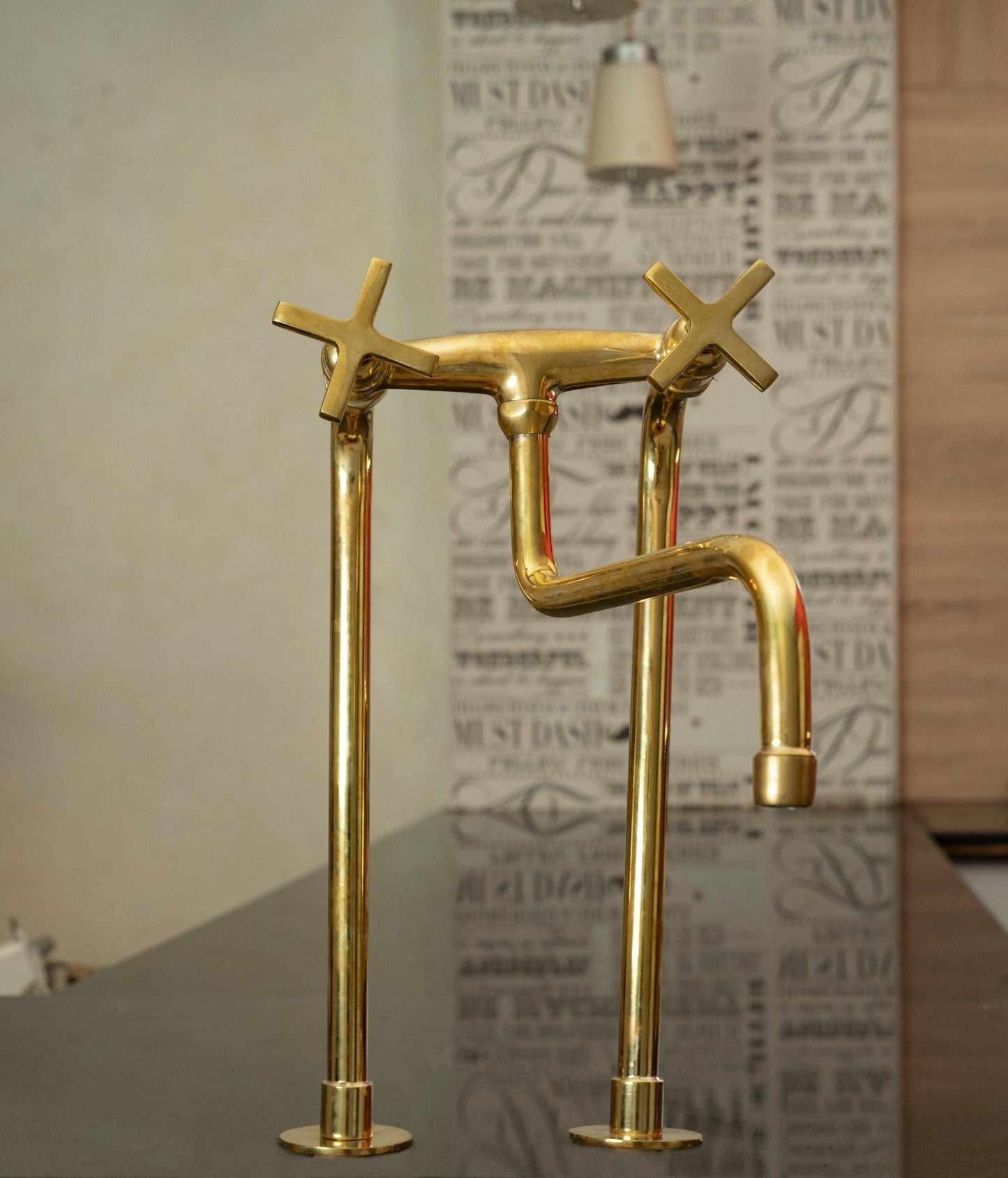 Unlacquered Brass Bridge Kitchen Faucet – Tall Farmhouse Sink Tap with Cross Handles & Sprayer - Brasska