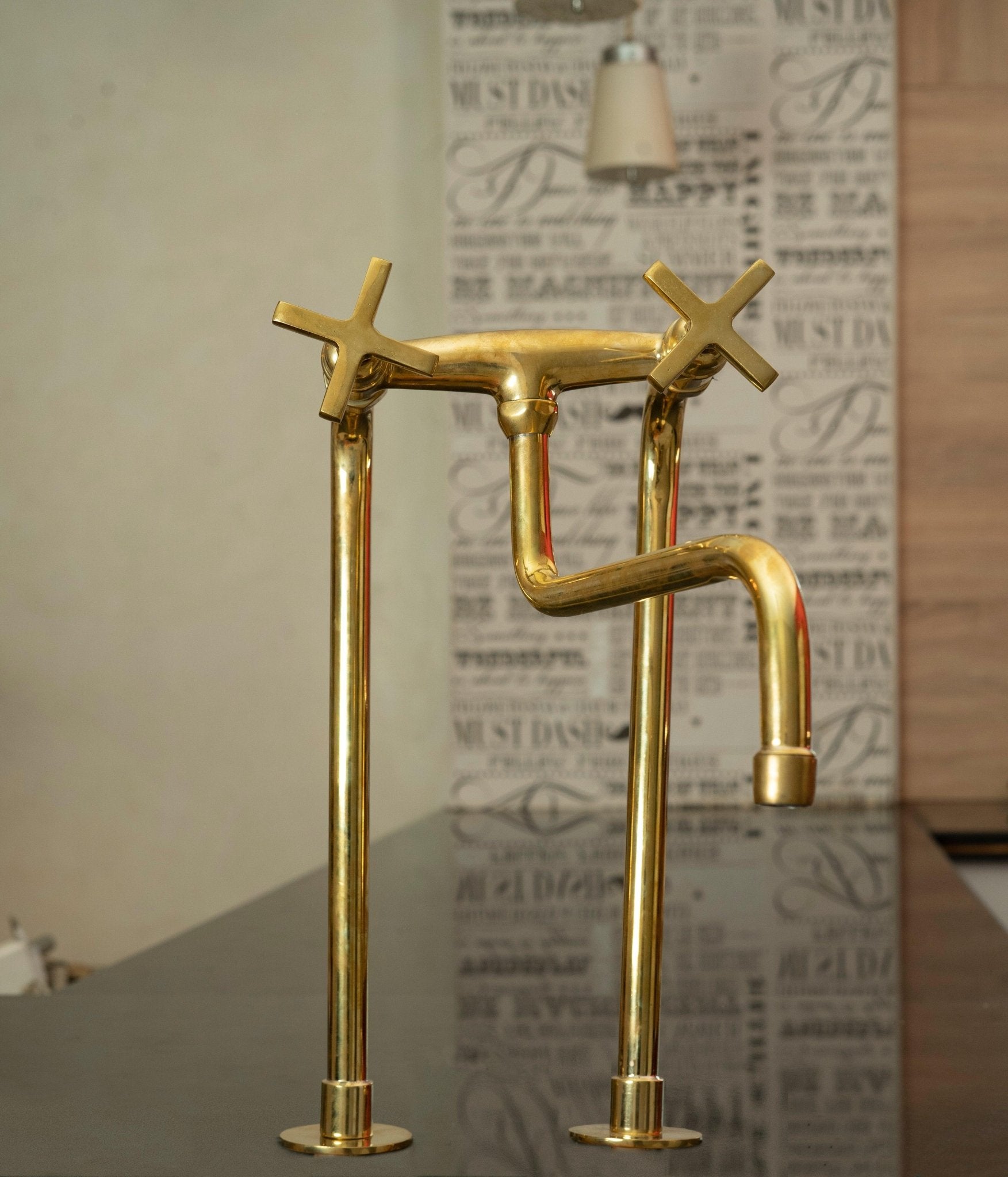 Unlacquered Brass Bridge Kitchen Faucet – Tall Farmhouse Sink Tap with Cross Handles & Sprayer - Brasska