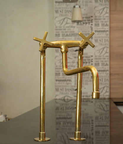 Unlacquered Brass Bridge Kitchen Faucet – Tall Farmhouse Sink Tap with Cross Handles & Sprayer - Brasska