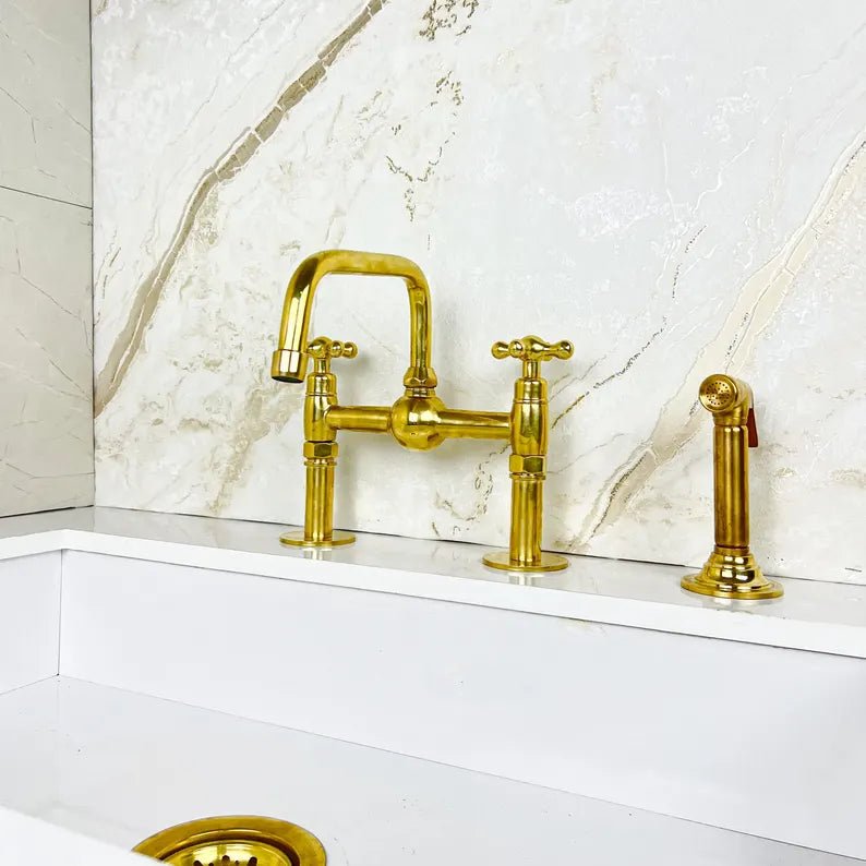 Unlacquered Brass Bridge Kitchen Sink Faucet with Side Spray - Brasska