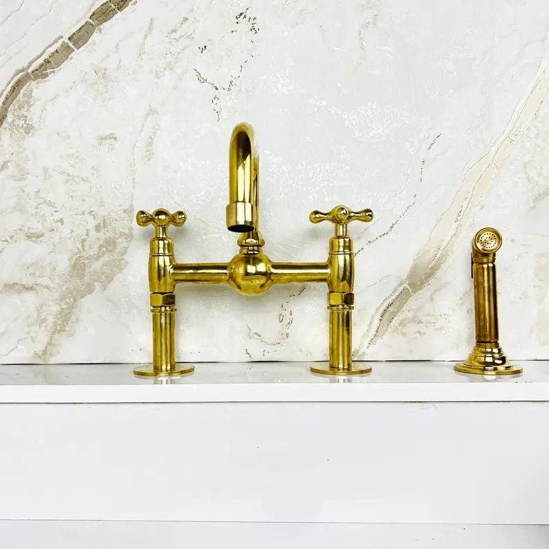Unlacquered Brass Bridge Kitchen Sink Faucet with Side Spray - Brasska