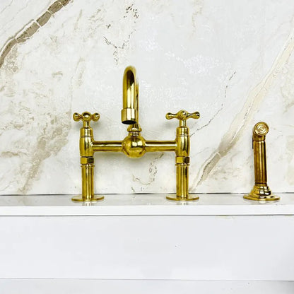 Unlacquered Brass Bridge Kitchen Sink Faucet with Side Spray - Brasska