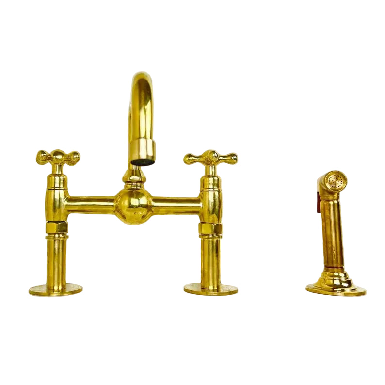Unlacquered Brass Bridge Kitchen Sink Faucet with Side Spray - Brasska