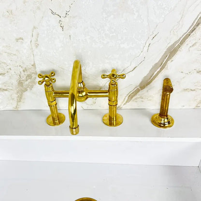 Unlacquered Brass Bridge Kitchen Sink Faucet with Side Spray - Brasska