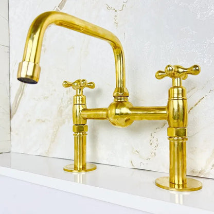 Unlacquered Brass Bridge Kitchen Sink Faucet with Side Spray - Brasska