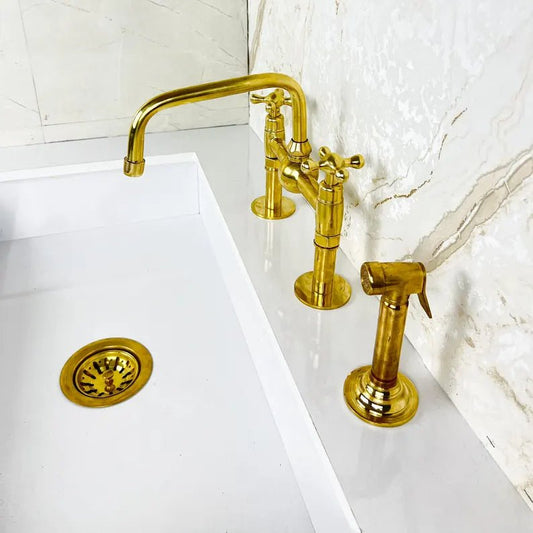 Unlacquered Brass Bridge Kitchen Sink Faucet with Side Spray - Brasska