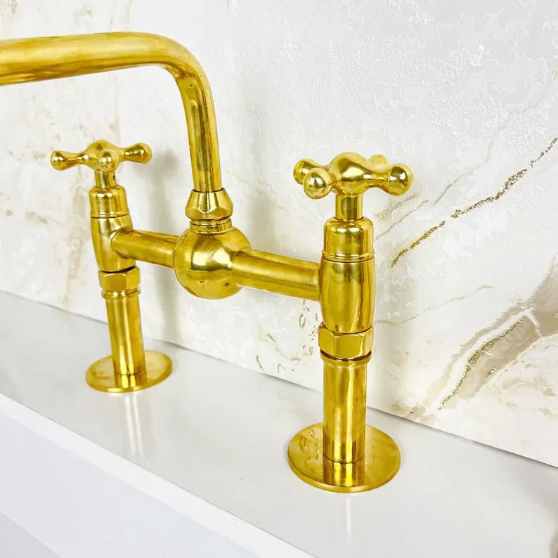Unlacquered Brass Bridge Kitchen Sink Faucet with Side Spray - Brasska