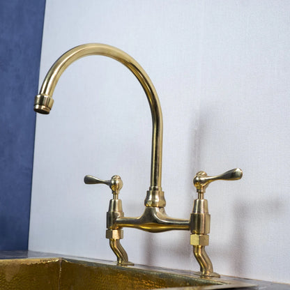 Unlacquered Brass Bridge Kitchen Faucet – Dual Handle Gooseneck Tap