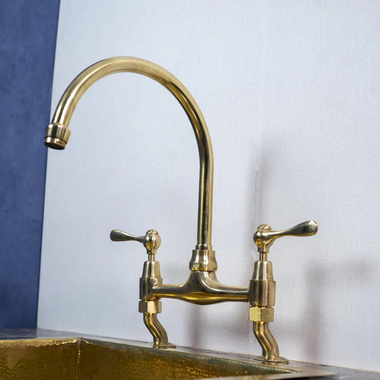 Unlacquered Brass Bridge Kitchen Faucet – Dual Handle Gooseneck Tap