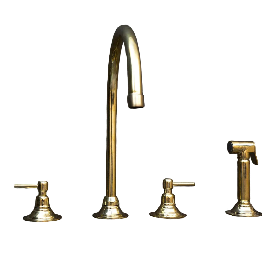 Unlacquered Brass Gooseneck Deck Mounted Kitchen Faucet with curved spout and single handle for traditional kitchen use