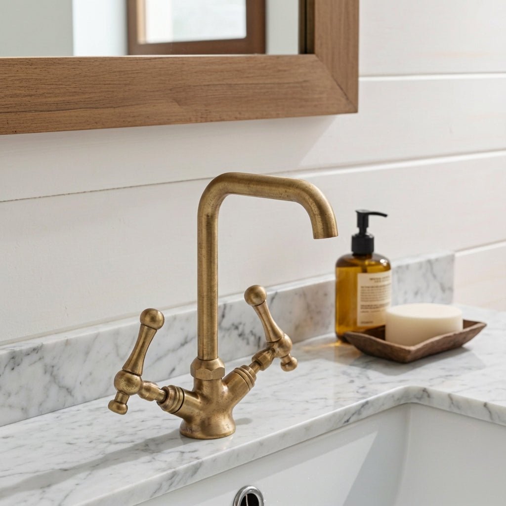 Unlacquered Brass Gooseneck Faucet – Classic Cross Handle Basin Tap - Brasska
