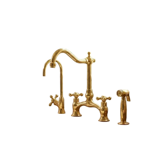 Unlacquered Brass Gooseneck Kitchen Faucet With Sprayer: - Brasska