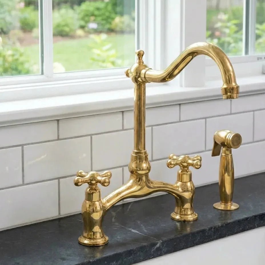 Unlacquered Brass Gooseneck Kitchen Faucet With Sprayer: - Brasska