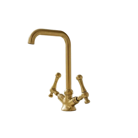 Unlacquered Brass High Spout Faucet – Vintage Dual Handle Basin Tap - Brasska