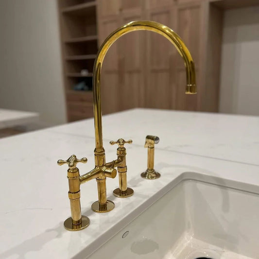 Unlacquered Brass Kitchen Faucet with Side Spray – Vintage Cross Handles