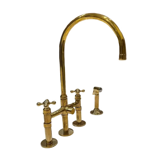 Unlacquered Brass Kitchen Faucet with Side Spray – Vintage Cross Handles - Brasska