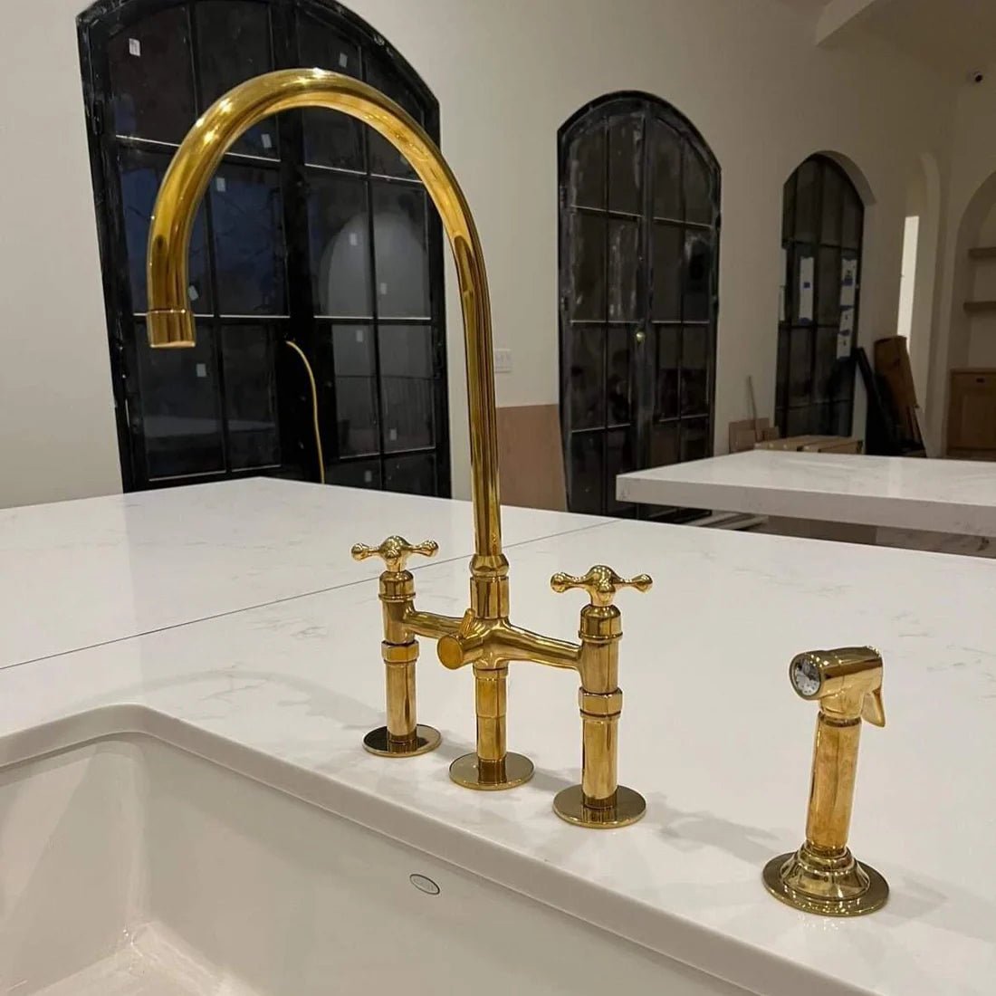 Unlacquered Brass Kitchen Faucet with Side Spray – Vintage Cross Handles - Brasska
