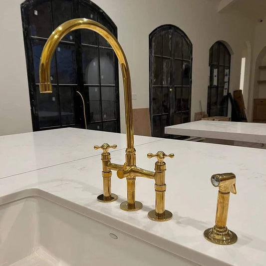 Unlacquered Brass Kitchen Faucet with Side Spray – Vintage Cross Handles - Brasska