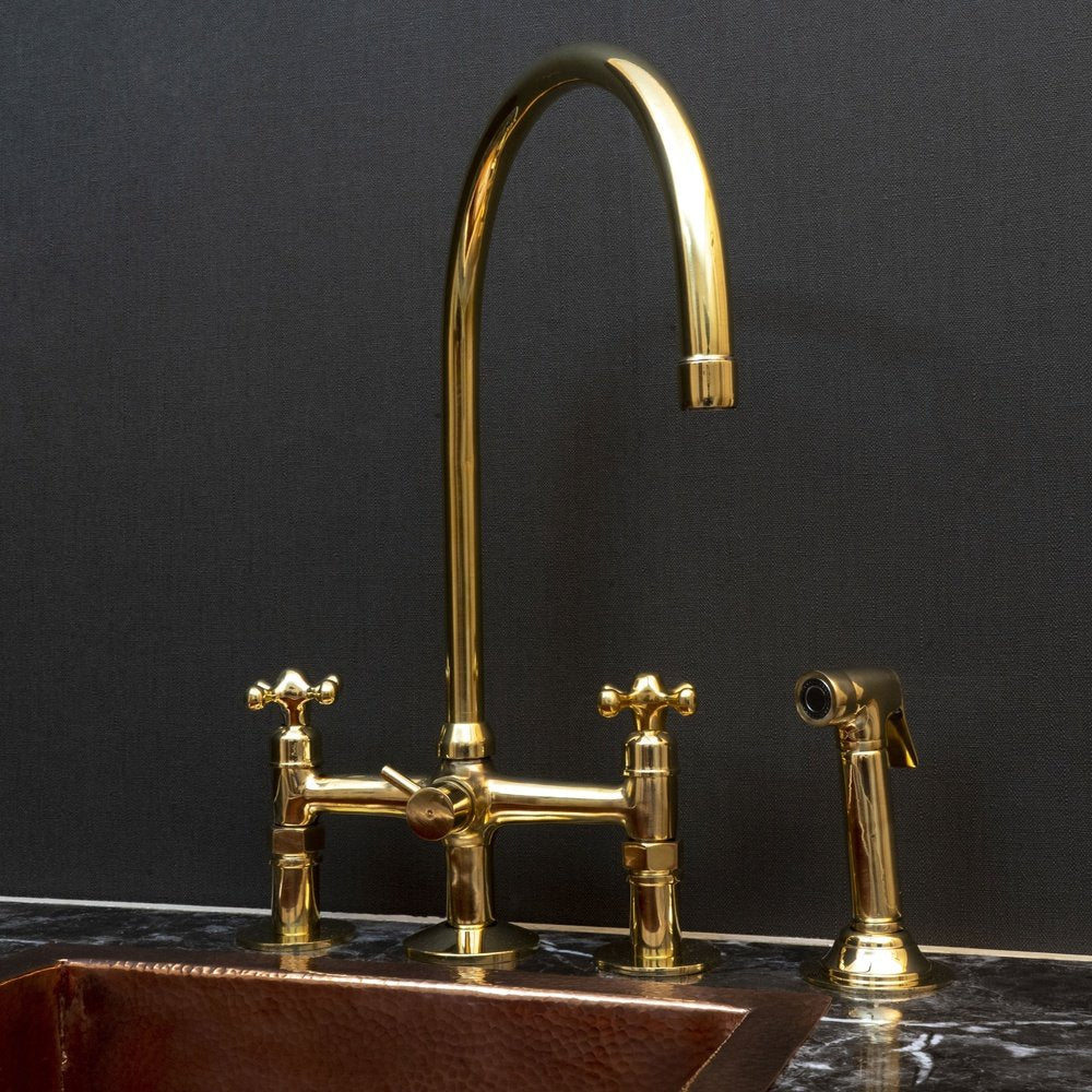 Unlacquered Brass Kitchen Faucet with Side Spray – Vintage Cross Handles - Brasska