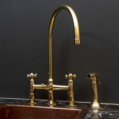 Unlacquered Brass Kitchen Faucet with Side Spray – Vintage Cross Handles - Brasska