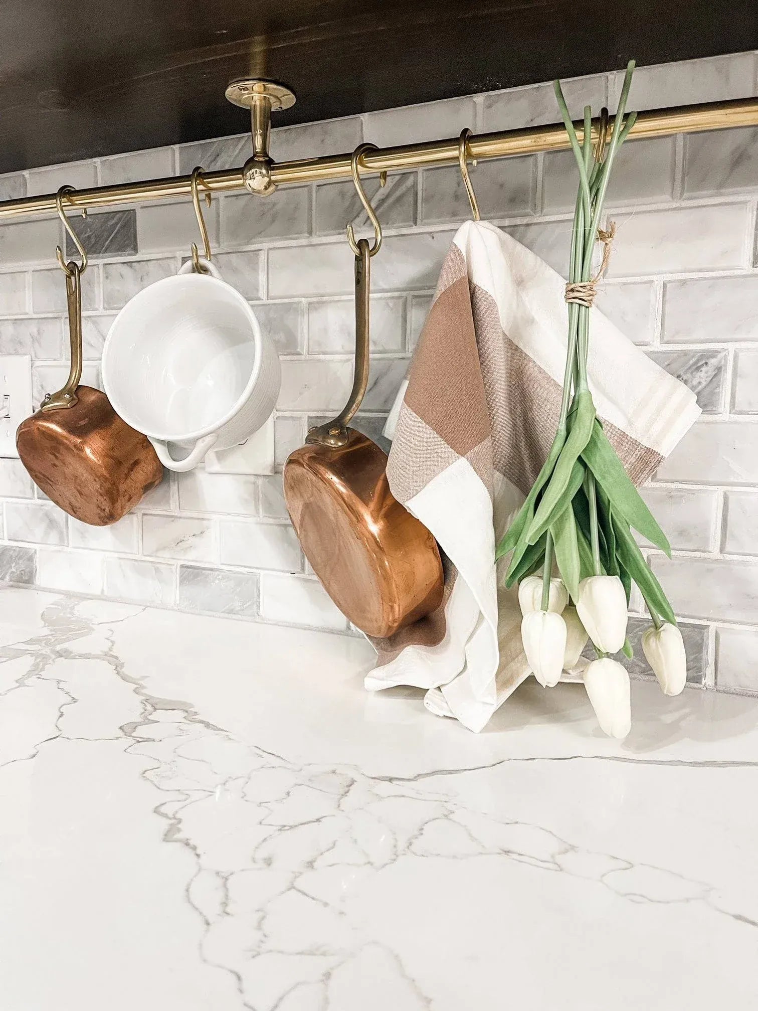 Unlacquered Brass Kitchen Rail – Handmade Wall Mounted Pot Rack with Hooks - Brasska