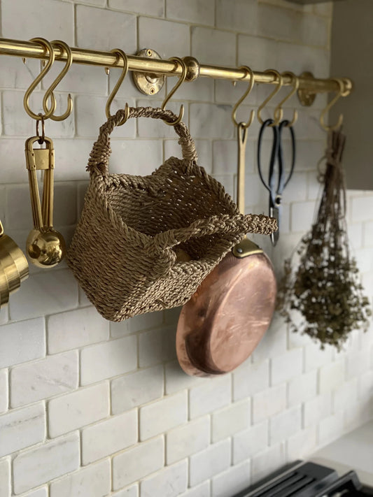 Unlacquered Brass Kitchen Rail – Handmade Wall Mounted Pot Rack with Hooks - Brasska