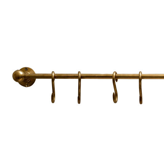 Unlacquered Brass Kitchen Rail – Handmade Wall Mounted Pot Rack with Hooks - Brasska