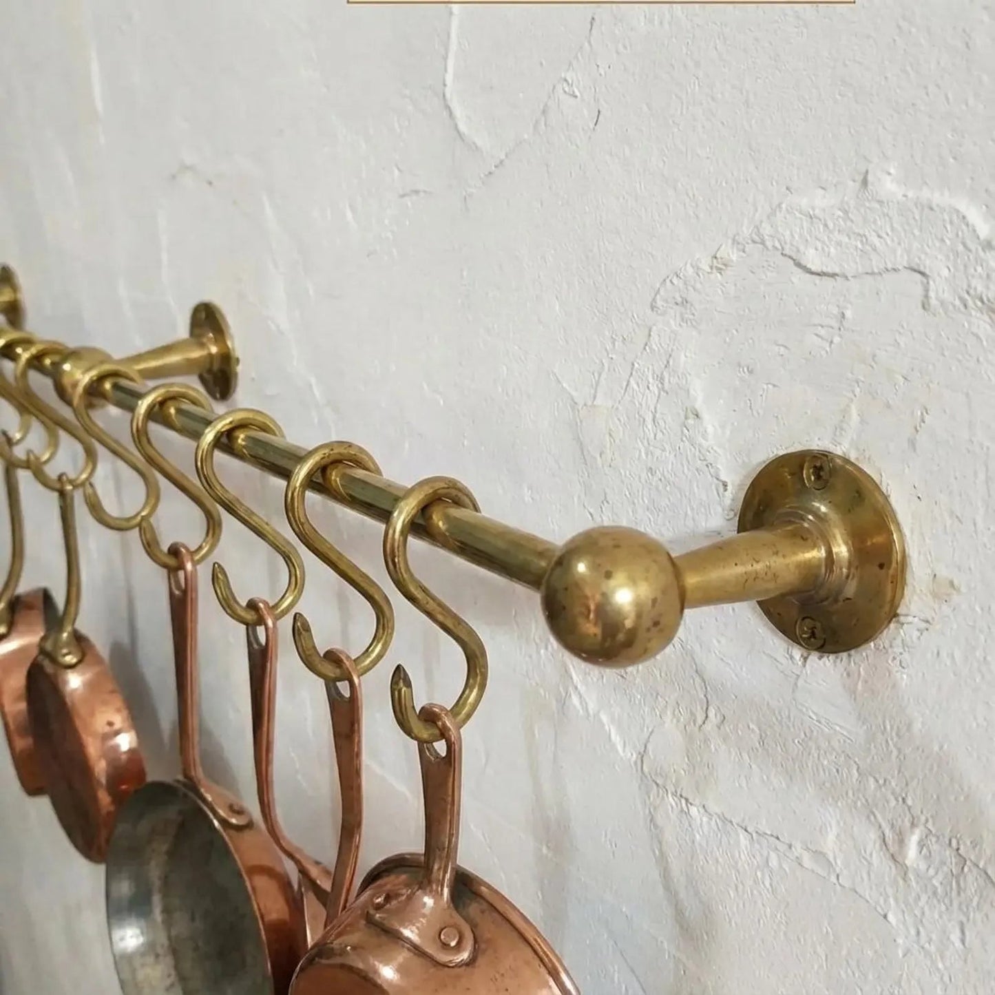 Unlacquered Brass Kitchen Rail – Handmade Wall Mounted Pot Rack with Hooks - Brasska