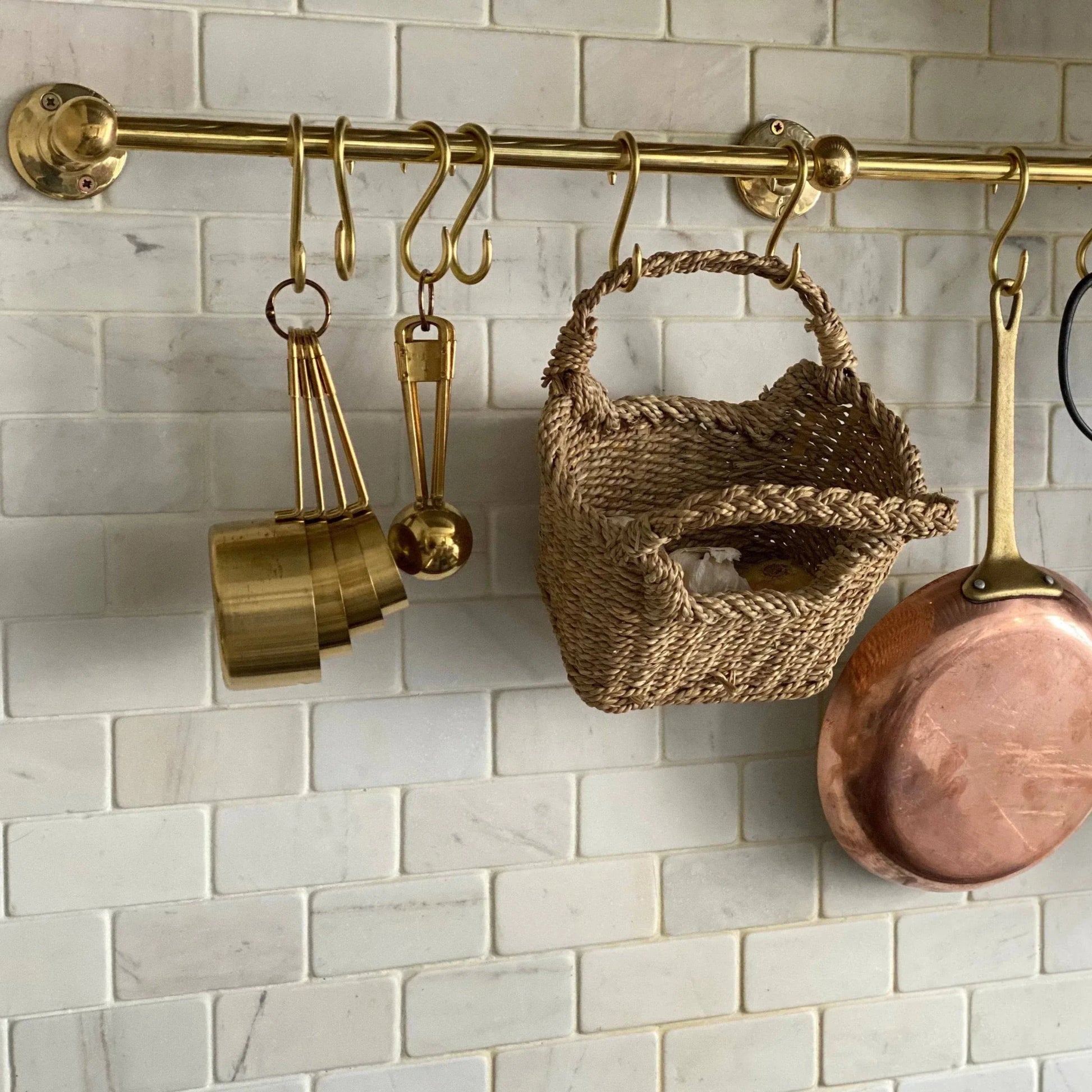 Unlacquered Brass Kitchen Rail – Handmade Wall Mounted Pot Rack with Hooks - Brasska