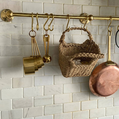 Unlacquered Brass Kitchen Rail – Handmade Wall Mounted Pot Rack with Hooks - Brasska