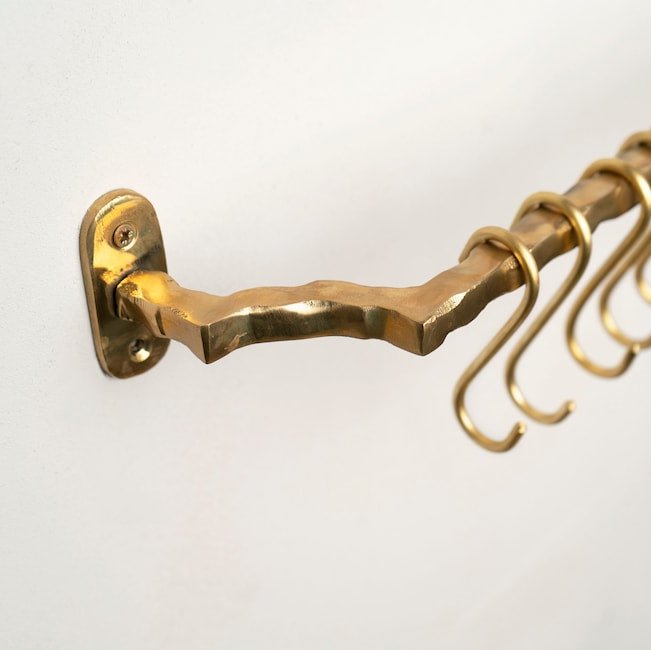 Unlacquered Brass Pot Rail – Handmade Wall Mounted Kitchen Rack with Hooks - Brasska