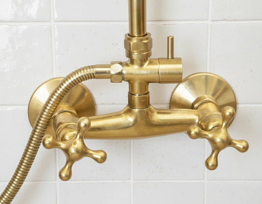 Unlacquered Brass Shower System – Wall Mount Mixer with Handheld - Brasska