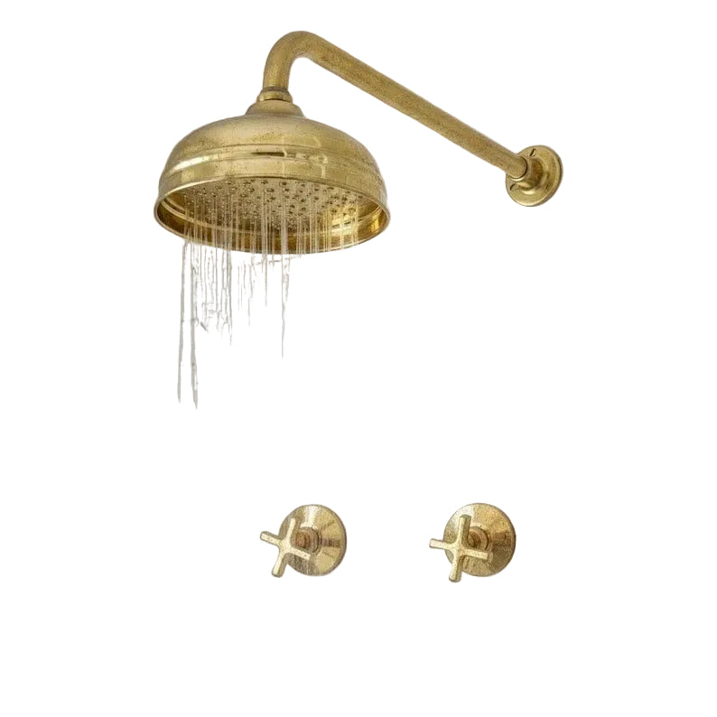 Unlacquered Brass Shower System – Wall Mount Rain Head & Cross Valves - Brasska