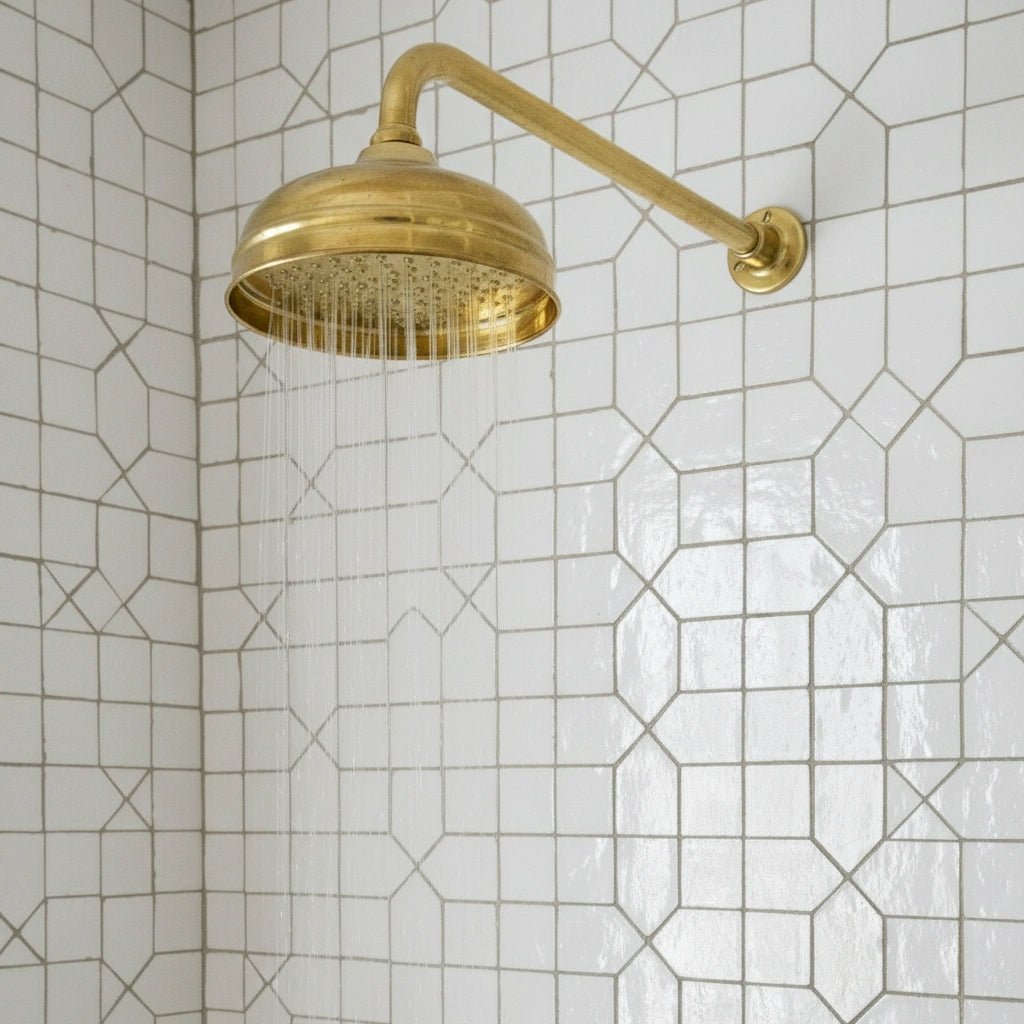 Unlacquered Brass Shower System – Wall Mount Rain Head & Cross Valves - Brasska