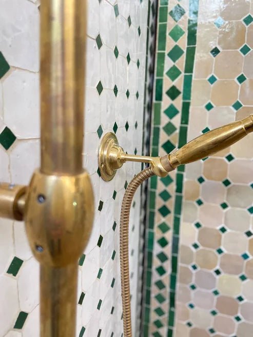 Unlacquered Brass Shower System with Handheld And Vintage Head Combo, Exposed Pipe - Brasska