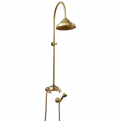 Unlacquered Brass Shower System with Handheld And Vintage Head Combo, Exposed Pipe - Brasska