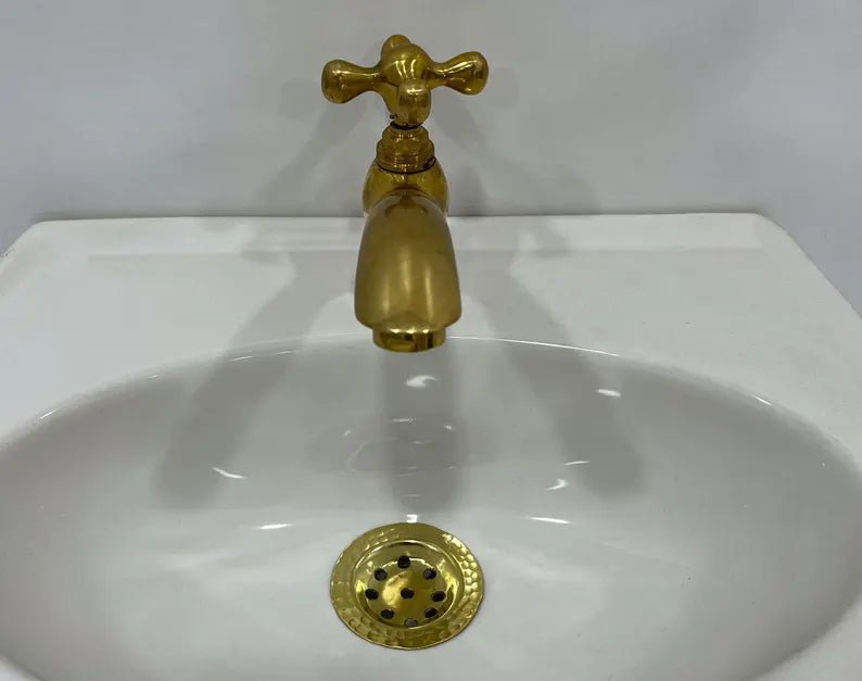 Unlacquered Brass Single Hole Bathroom Faucet , Vintage Flat Cross Brass Tap - Brasska