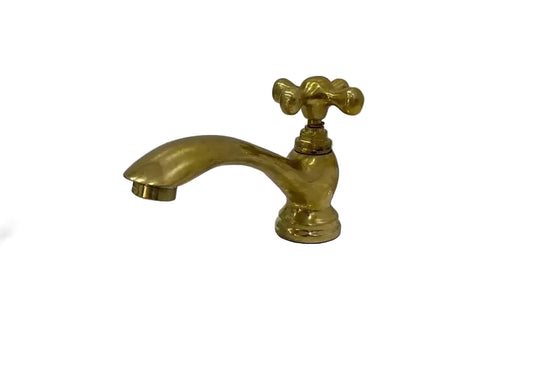 Unlacquered Brass Single Hole Bathroom Faucet , Vintage Flat Cross Brass Tap - Brasska