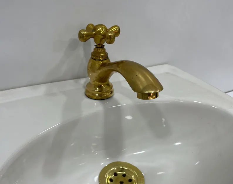 Unlacquered Brass Single Hole Bathroom Faucet , Vintage Flat Cross Brass Tap - Brasska