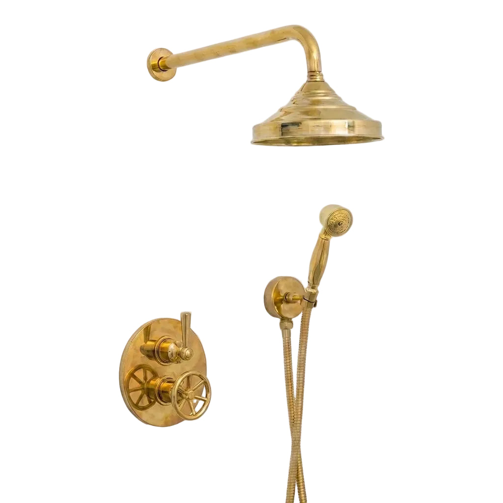 Unlacquered Brass Thermostatic Mixer Shower System –Rain Head with Handheld - Brasska